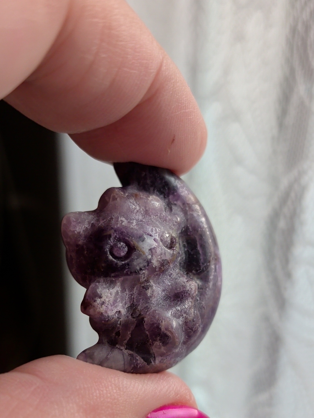 Amethyst Hand Carved Hello Kitty Palm Stone